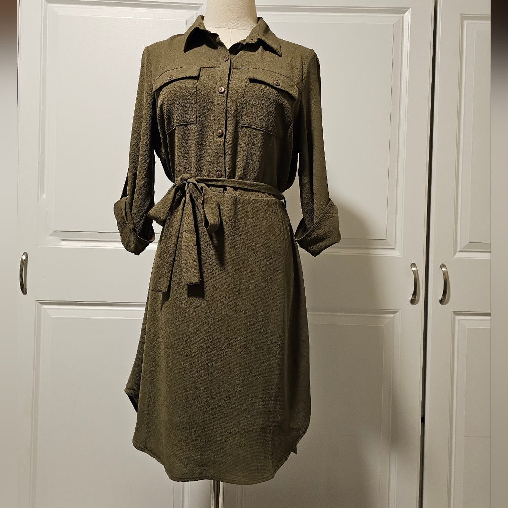 Monteau Olive Green Army Utility Chiffon High low Hem Dress Pockets Belt Bow